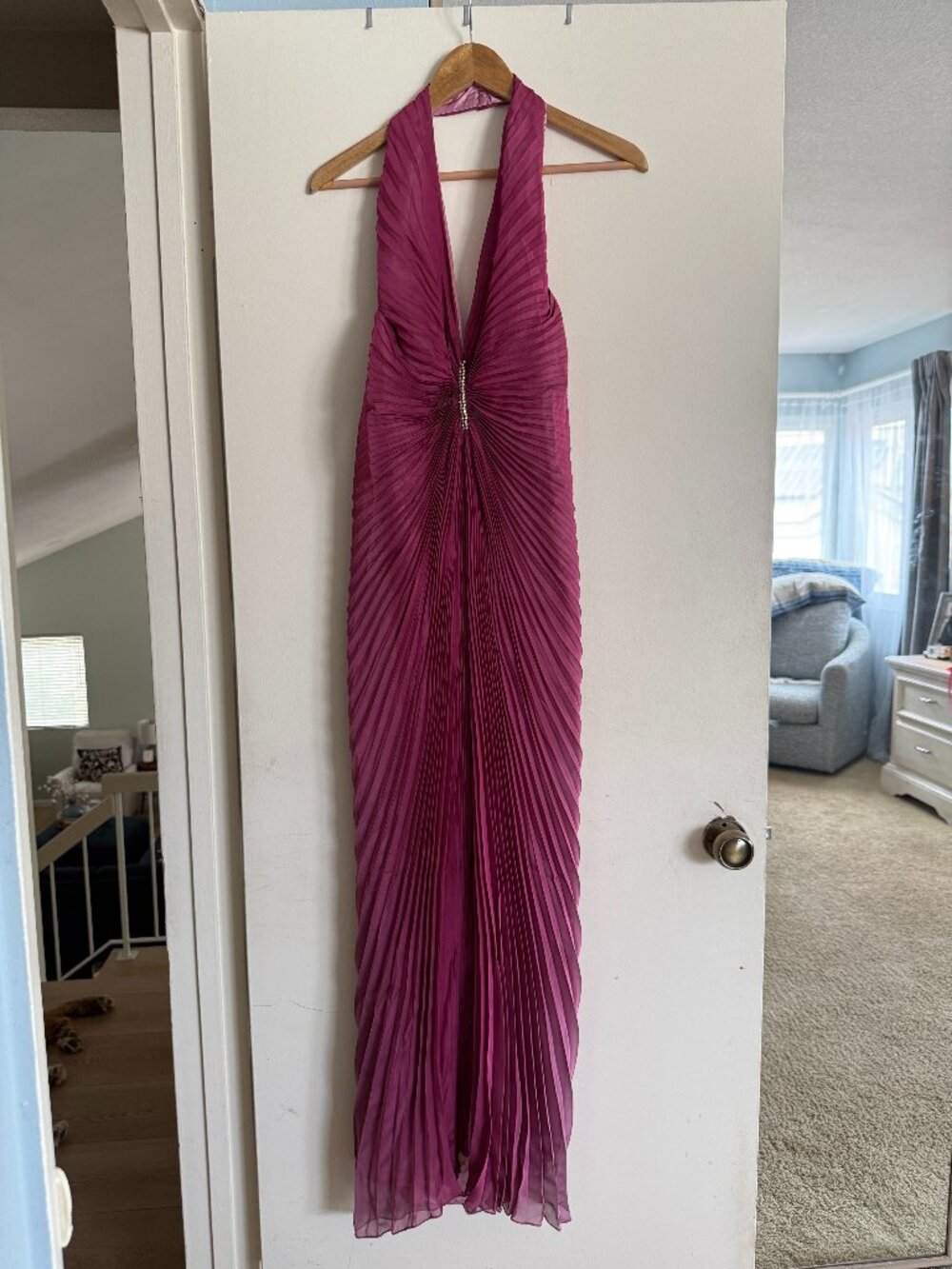 VTG Danza 100% Silk Pleated Halter Maxi Dress Magenta Pink Sz 4 Needs TLC